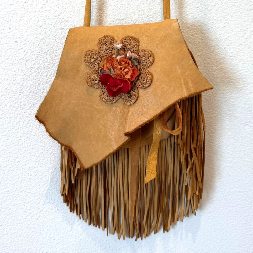 SHE Accessories Tan Leather Western Fringe Crossbody Festival Boho Bag